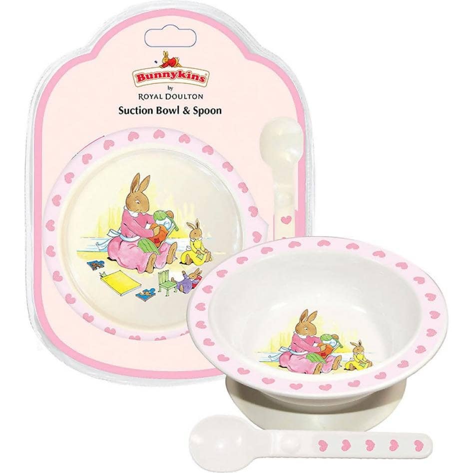University Games - Bunnykins Suction Bowl & Spoon - Sweethearts Design Pink By Royal Doulton
