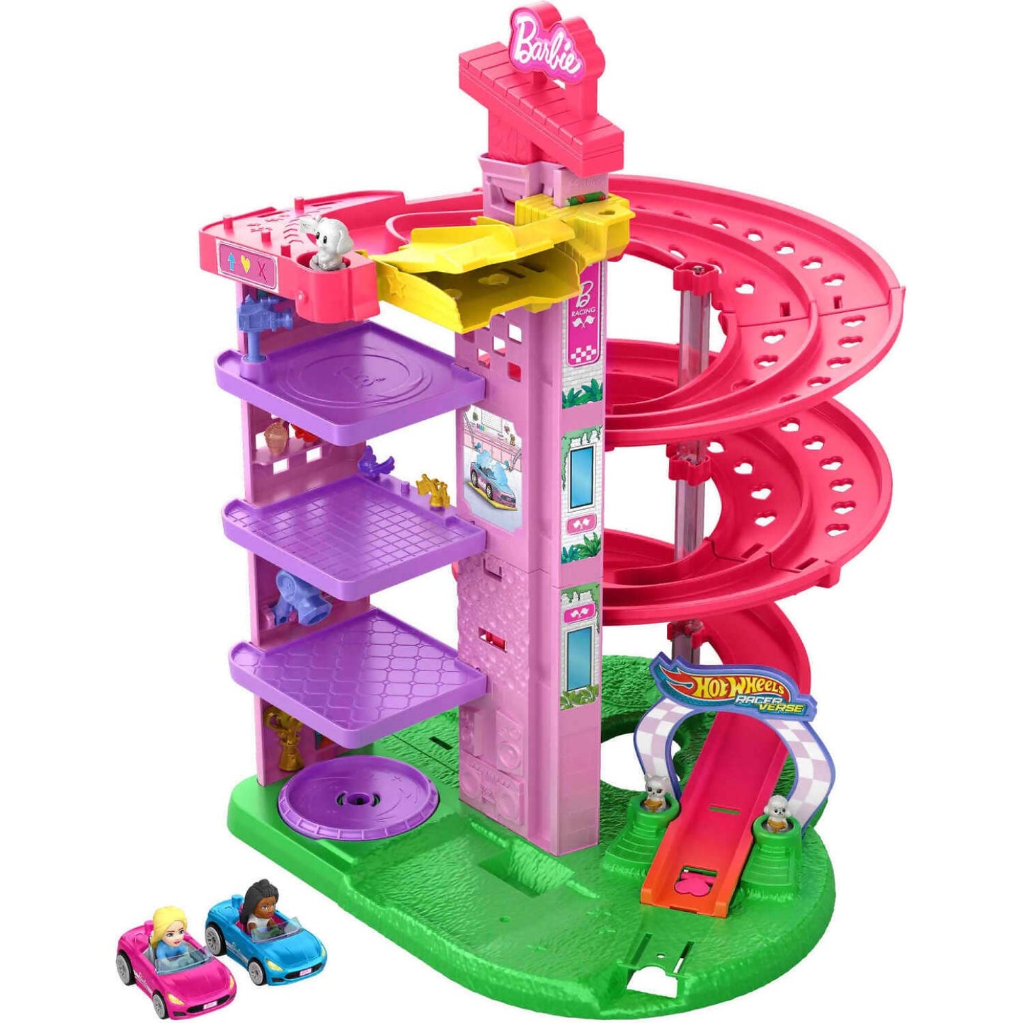 Hot Wheels - Racerverse Barbie Spiral Race Track Set With Barbie “malibu” & Barbie “brooklyn” Toy Cars