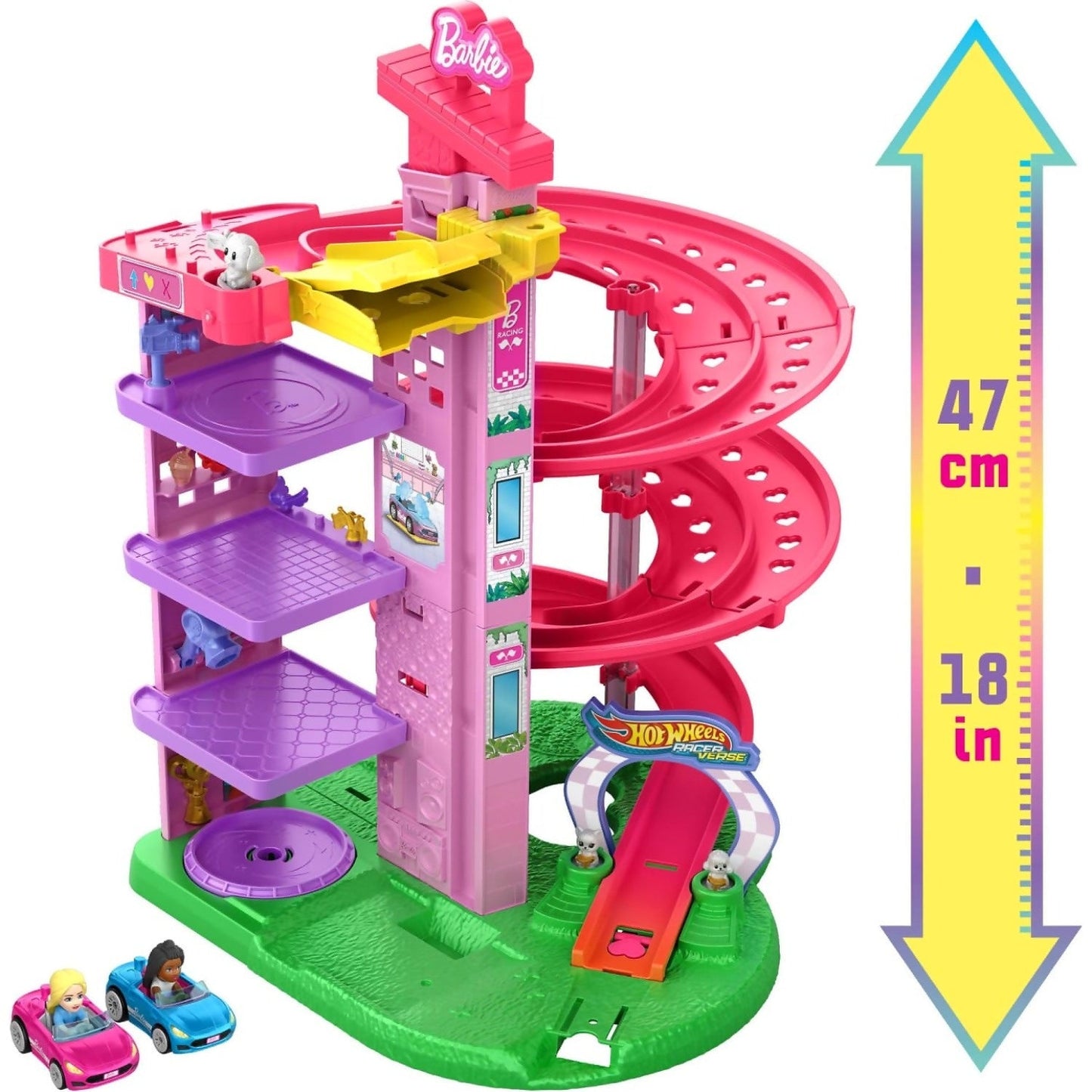 Hot Wheels - Racerverse Barbie Spiral Race Track Set With Barbie “malibu” & Barbie “brooklyn” Toy Cars
