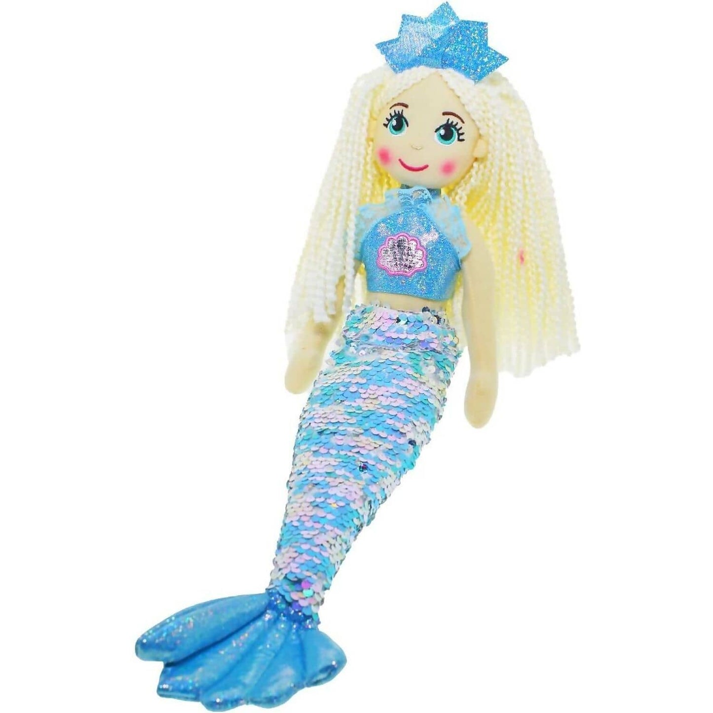 Cotton Candy - Mermaid Blue 45cm Sequined Iridescent Blue Multicolour/Silver With Crown Flip Sequined Tail - Plush