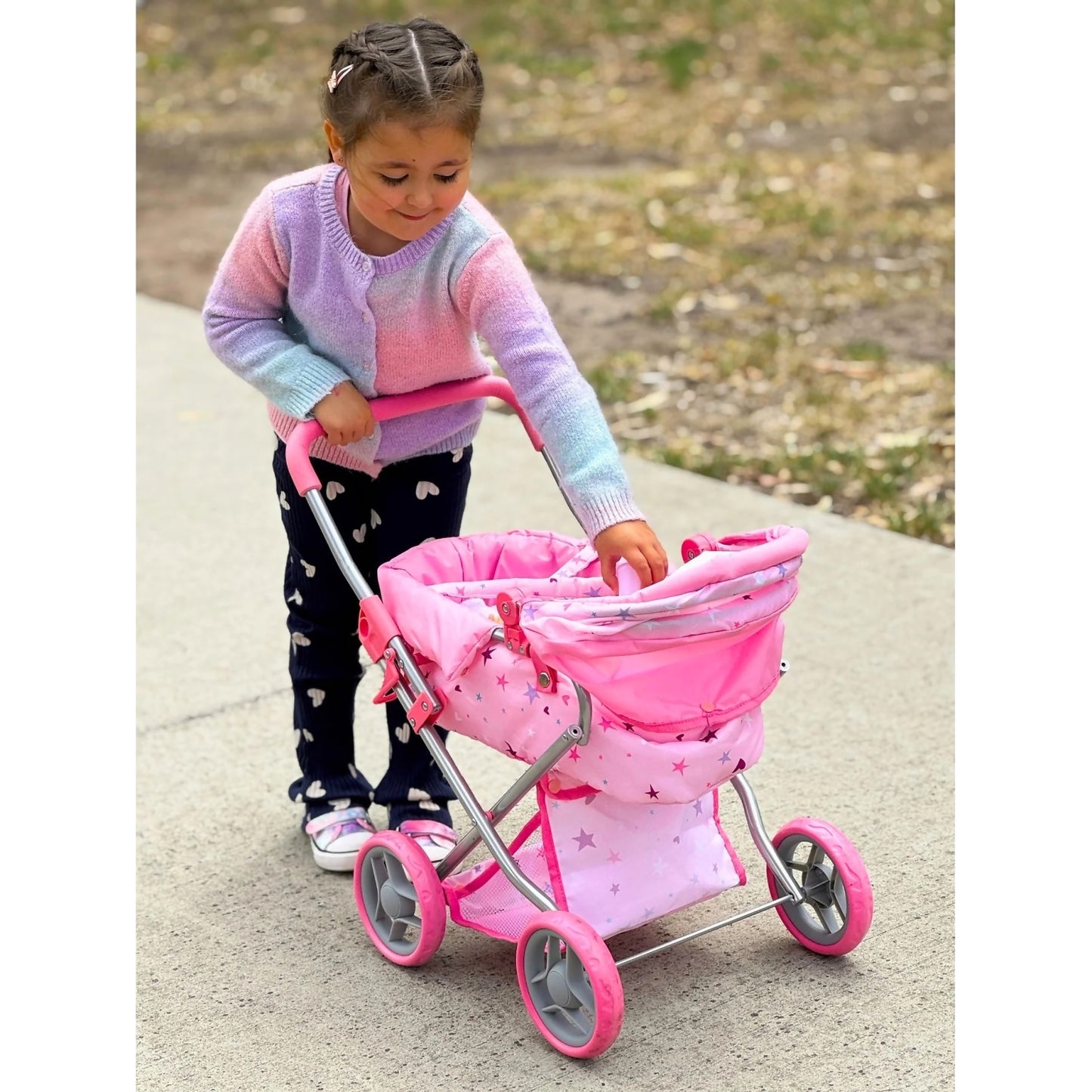 Playworld - Stars & Hearts Doll Pram Medium - Pink