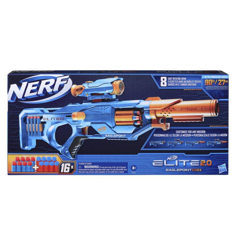 Nerf Elite 2.0 Eaglepoint Rd-8 Blaster - 8-dart Drum Detachable Scope And Barrel 16 Nerf Darts Bolt Action Hasbro