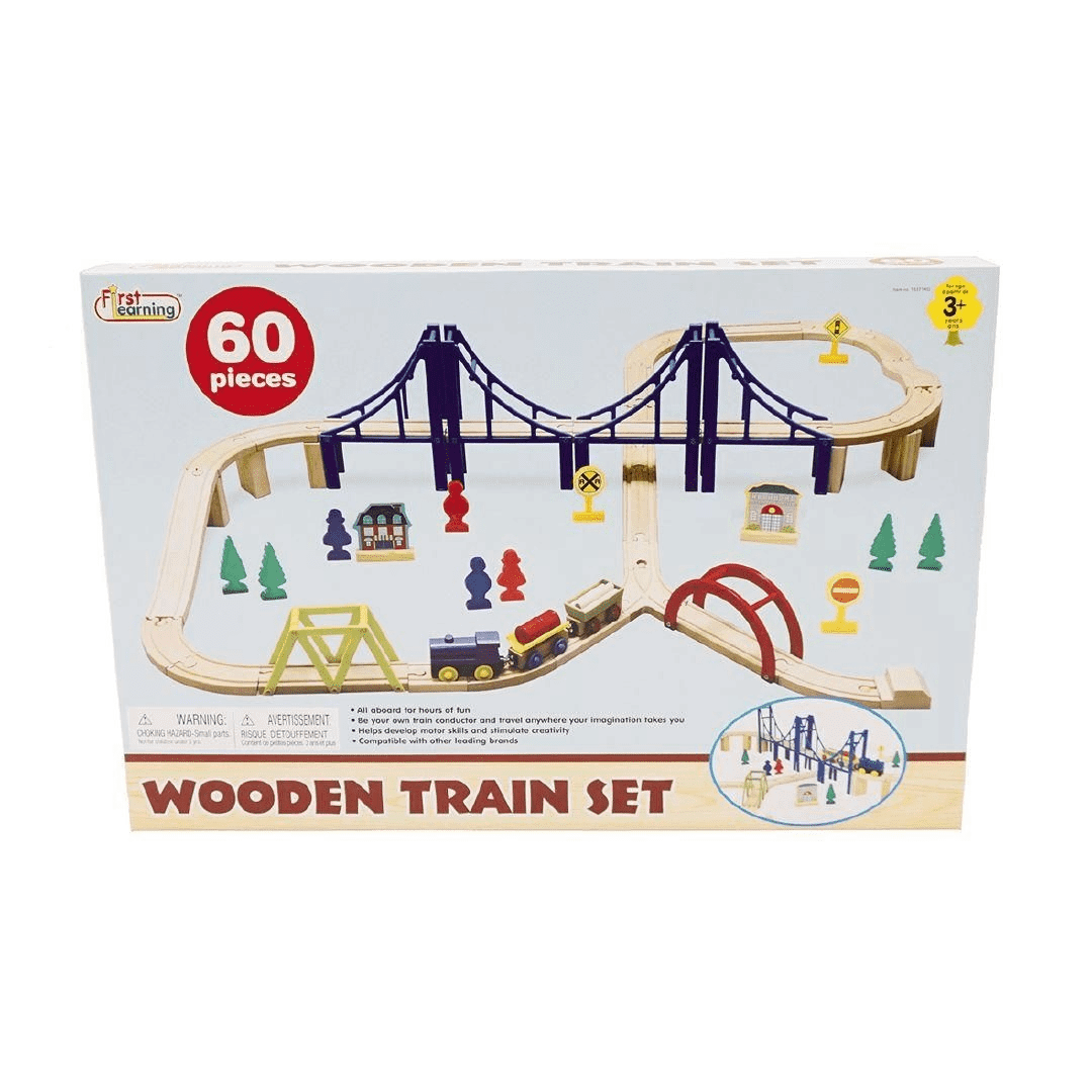 Wooden Train Set With Bridge 60 Pieces
