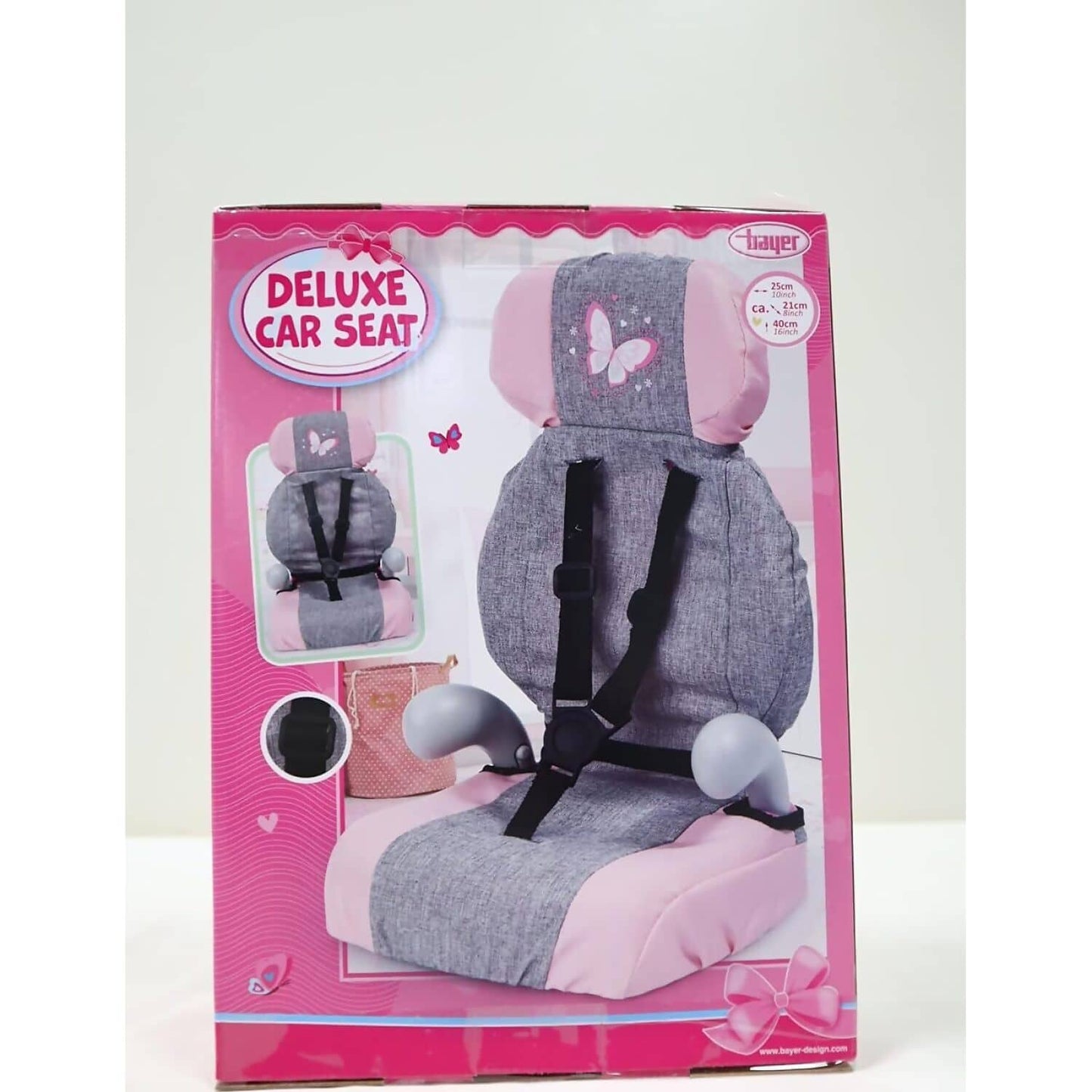 Bayer - Deluxe Doll Car Seat with Strap Butterfly Grey/Pink