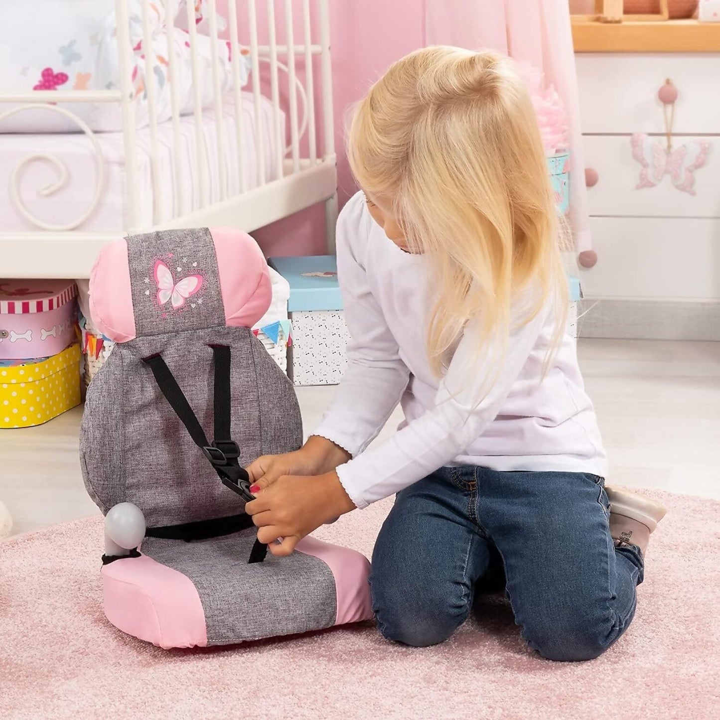 Bayer - Deluxe Doll Car Seat with Strap Butterfly Grey/Pink