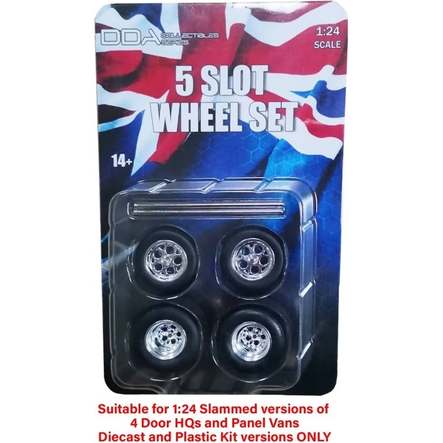DDA Collectibles 1:24 Scale - 10 Spoke - 5 Slot Chrome Wheels with Tyres & Axles Suits Slammed Holden HQ & HJ or Ford XW & XY - Diecast Model Accessory