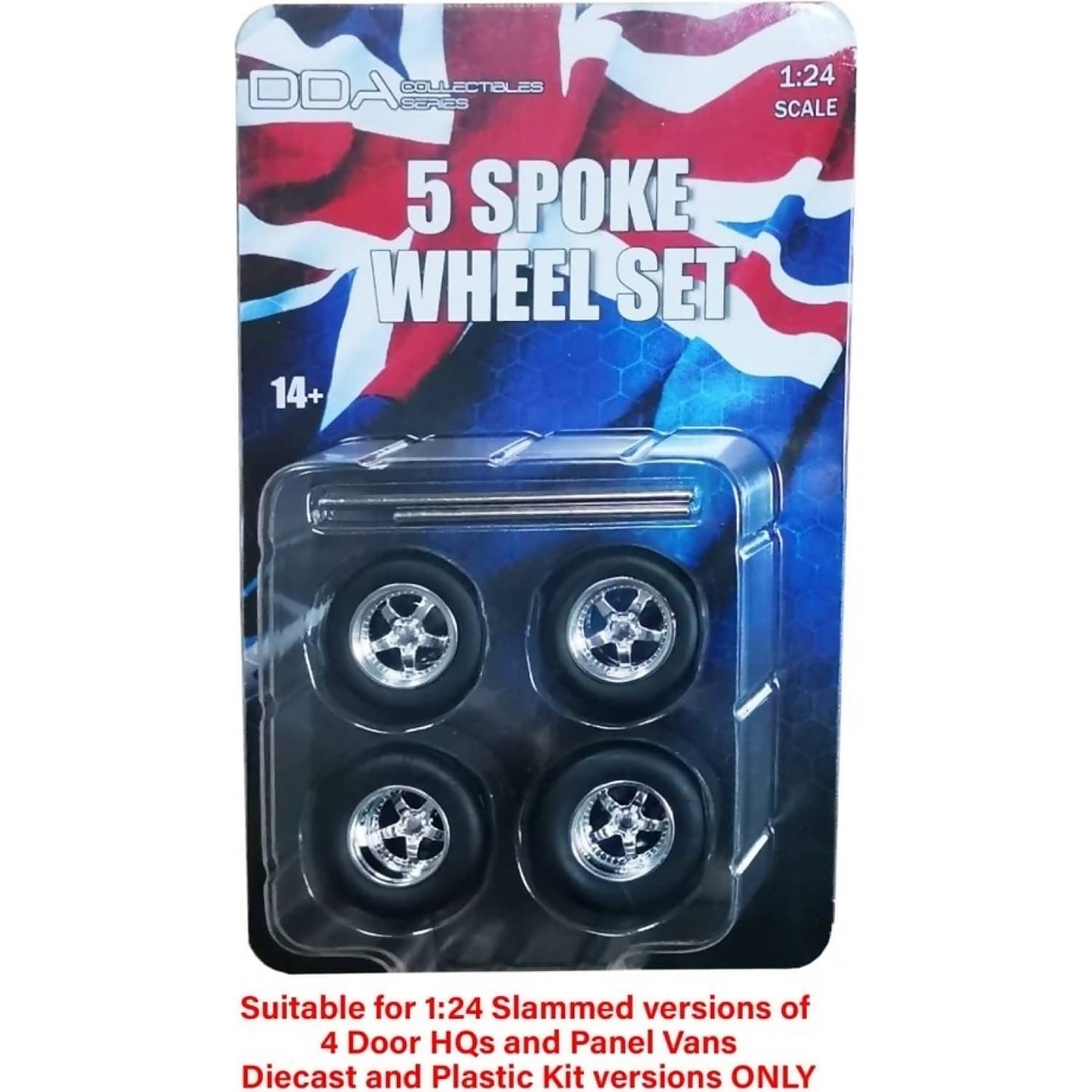 DDA Collectibles 1:24 Scale - 5 Spoke Chrome Wheels Set with Tyres & Axles - Suits Slammed Models Holden HQ & HJ - Ford XW & XY - Diecast Model Accessory