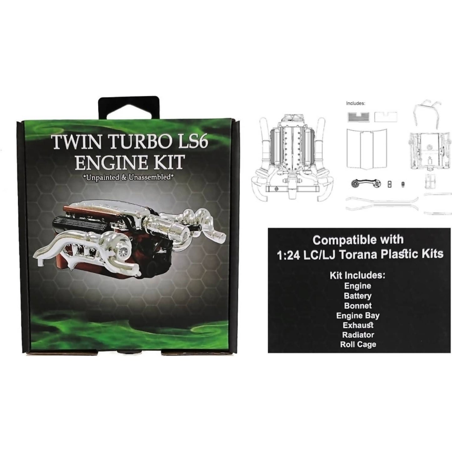 DDA Collectibles 1:24 Scale - LC & LJ Twin Turbo LS6 Torana Engine Plastic Kit - Diecast Model Accessory