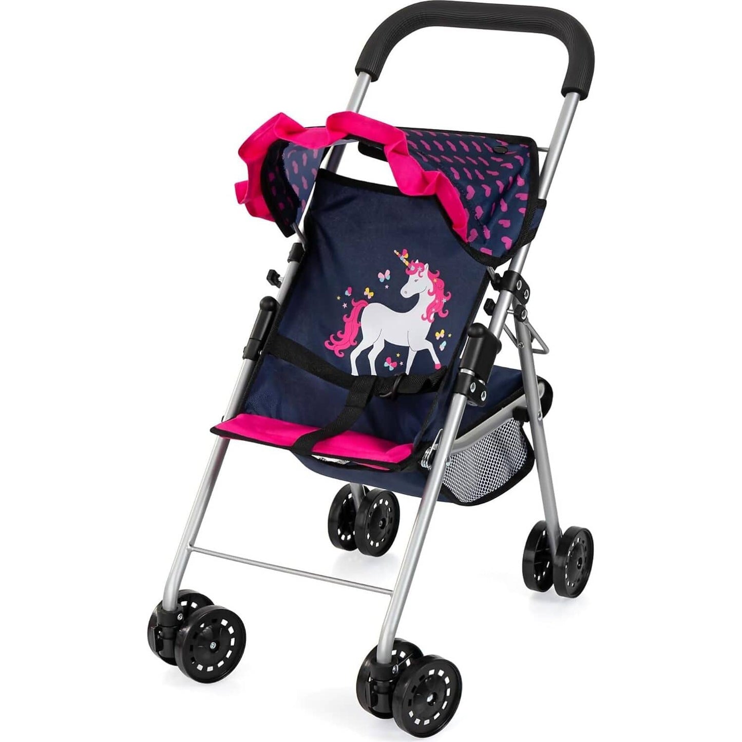 Bayer - Doll Buggy Stroller Dark Blue With Pink Hearts And Unicorn