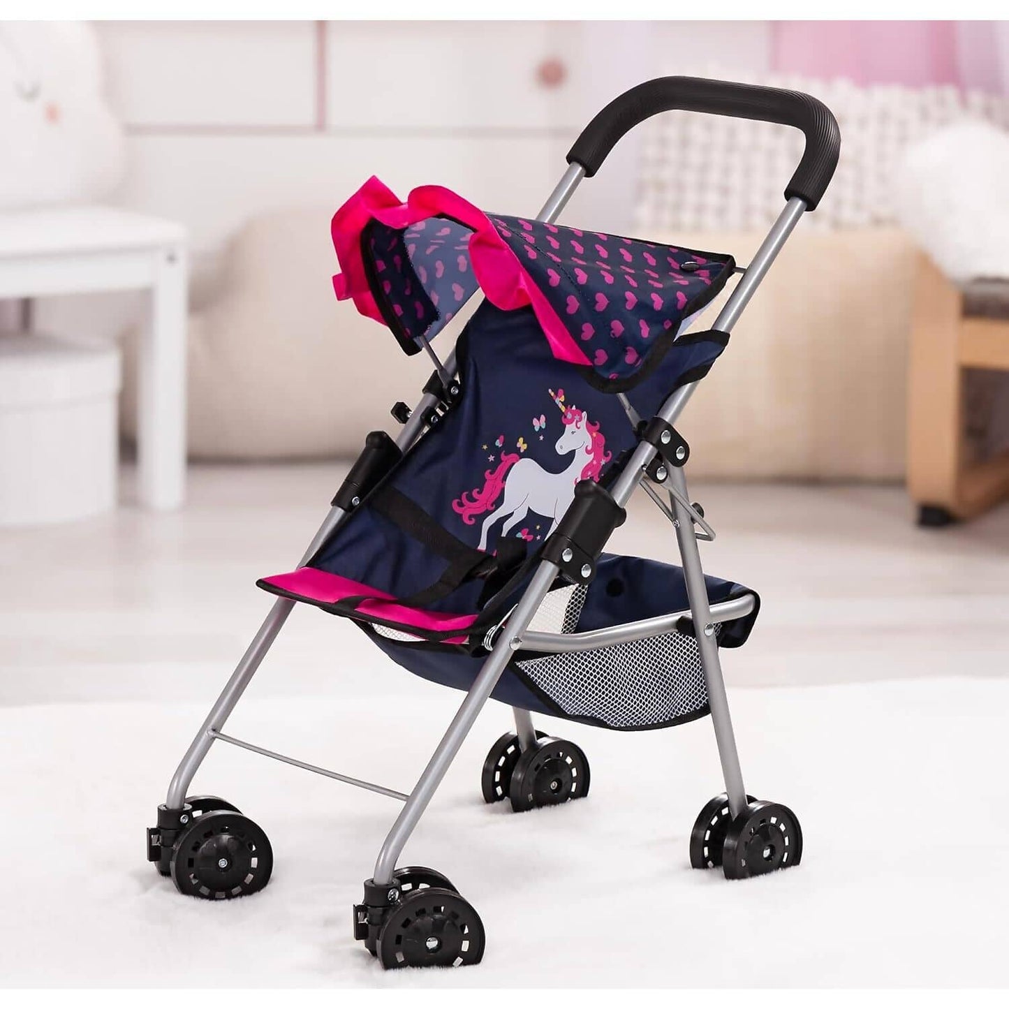 Bayer - Doll Buggy Stroller Dark Blue With Pink Hearts And Unicorn