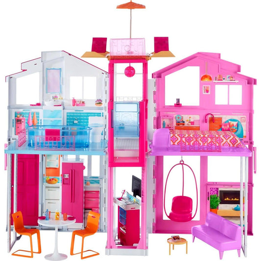 Barbie - 3-story Townhouse Dollhouse With Elevator Swing Chair Furniture And Accessories - Mattel