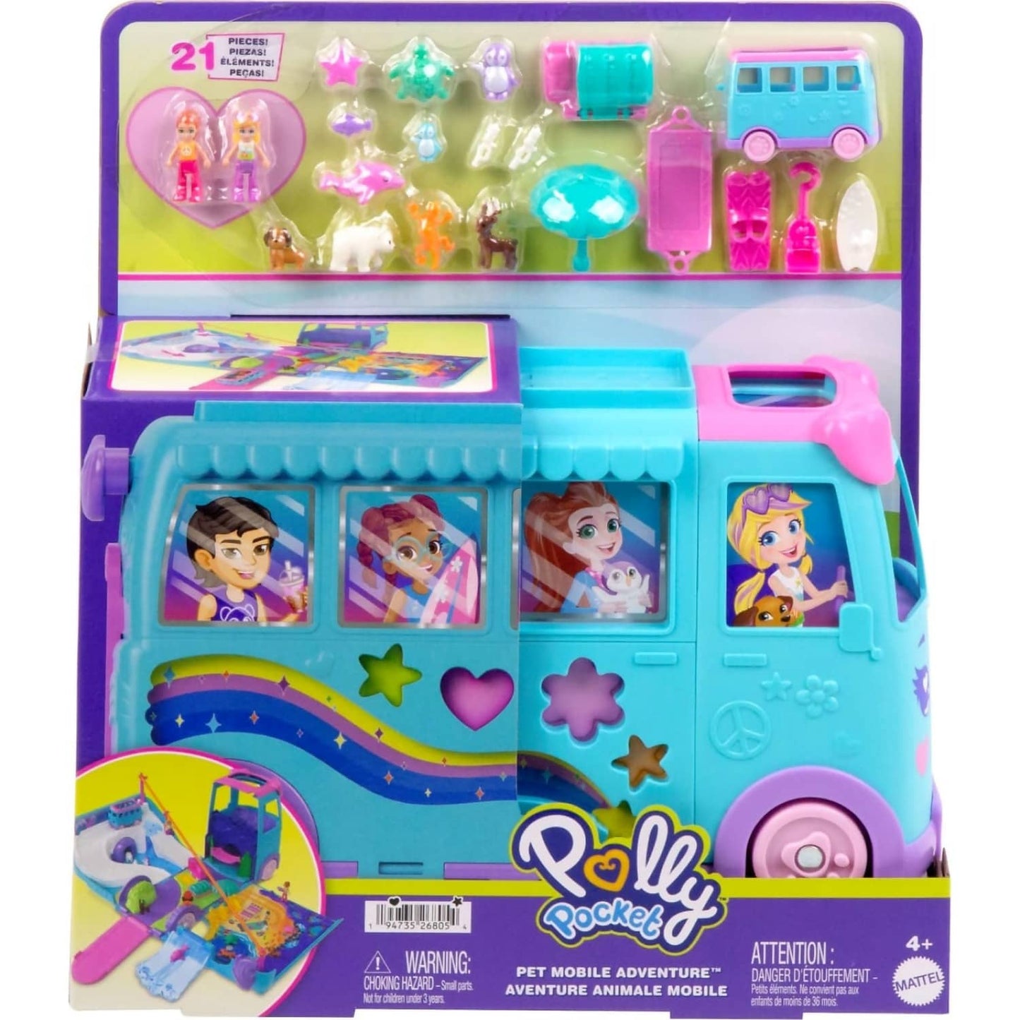 Polly Pocket - Pet Mobile Adventure Playset With Micro Dolls & Transforming Camper Van - Mattel
