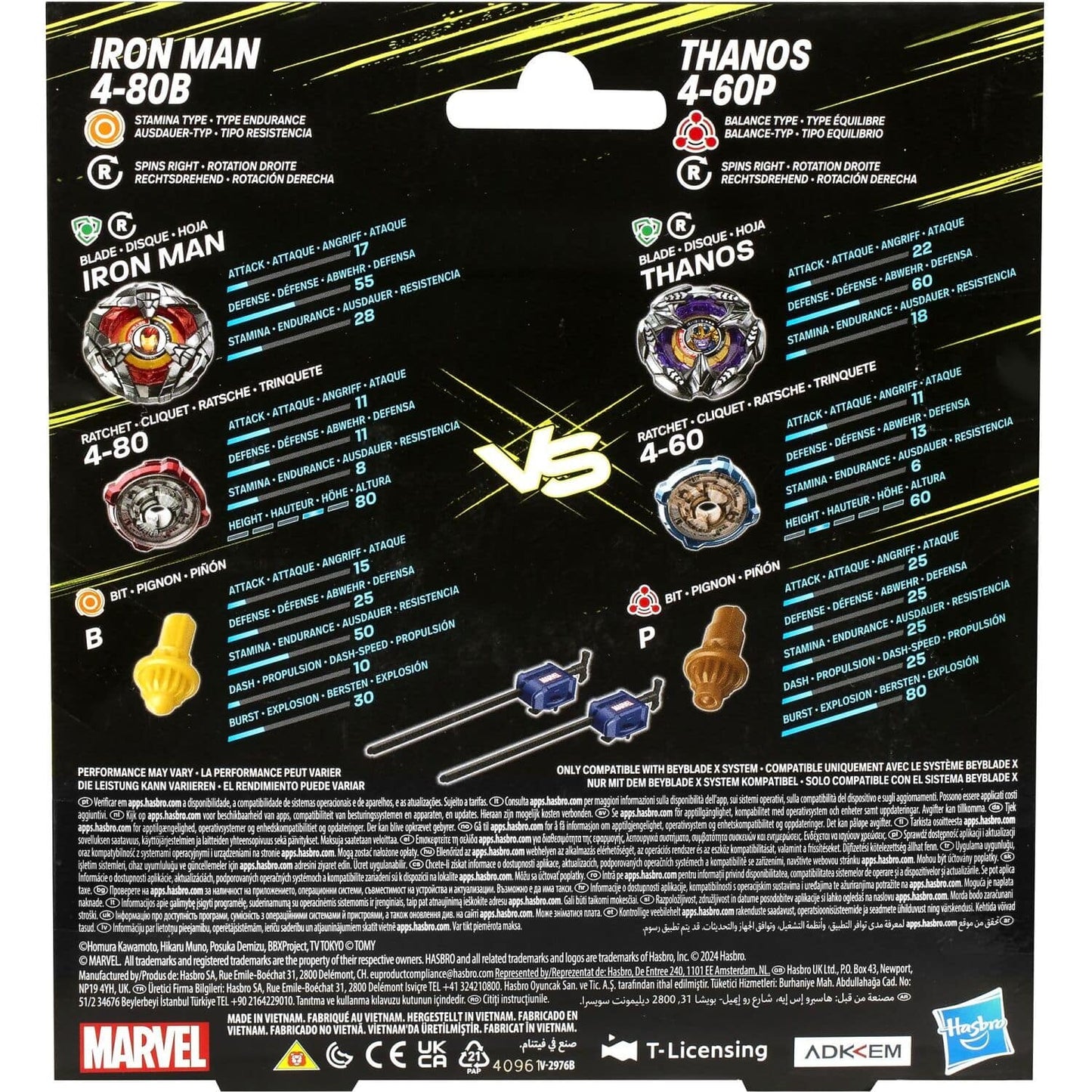 Beyblade X - Marvel Collab Iron Man 4-80B Vs. Thanos 4-60B Battle Tops Multipack Set With 2 Tops & 2 Launchers