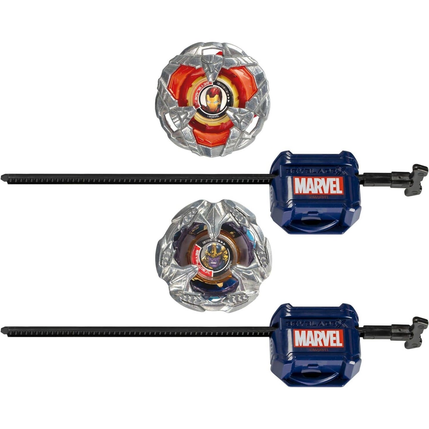 Beyblade X - Marvel Collab Iron Man 4-80B Vs. Thanos 4-60B Battle Tops Multipack Set With 2 Tops & 2 Launchers