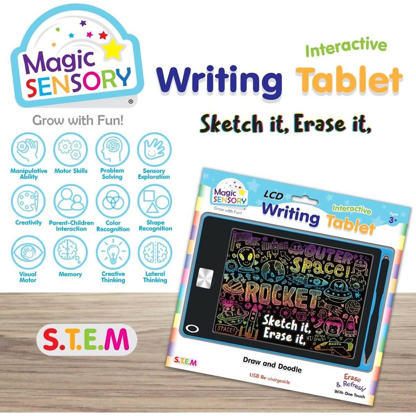 Magic Sensory - Blue LCD Writing Tablet for Kids 8.5-inch Drawing Tablet for Writing Drawing Doodling and Learning