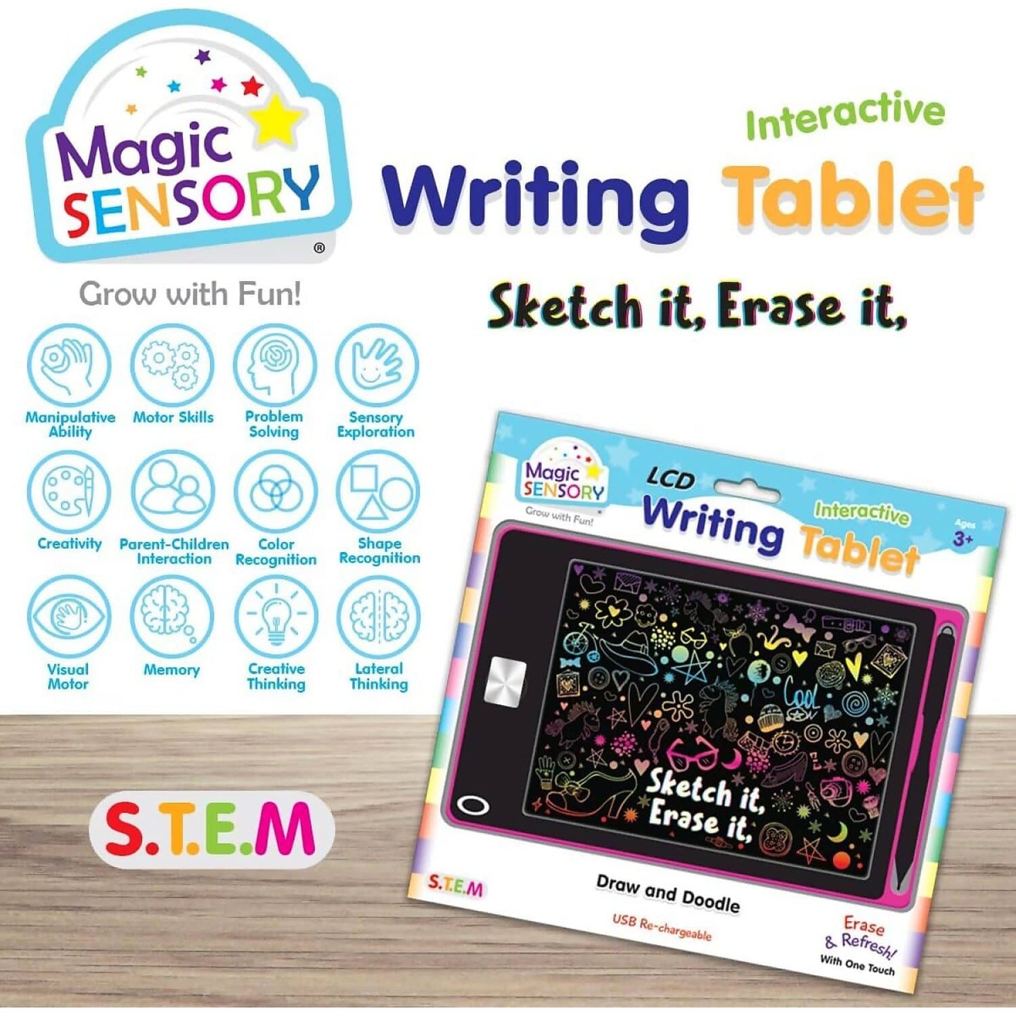 Magic Sensory - Pink LCD Writing Tablet for Kids 8.5inch Drawing Tablet for Writing Drawing Doodling and Learning