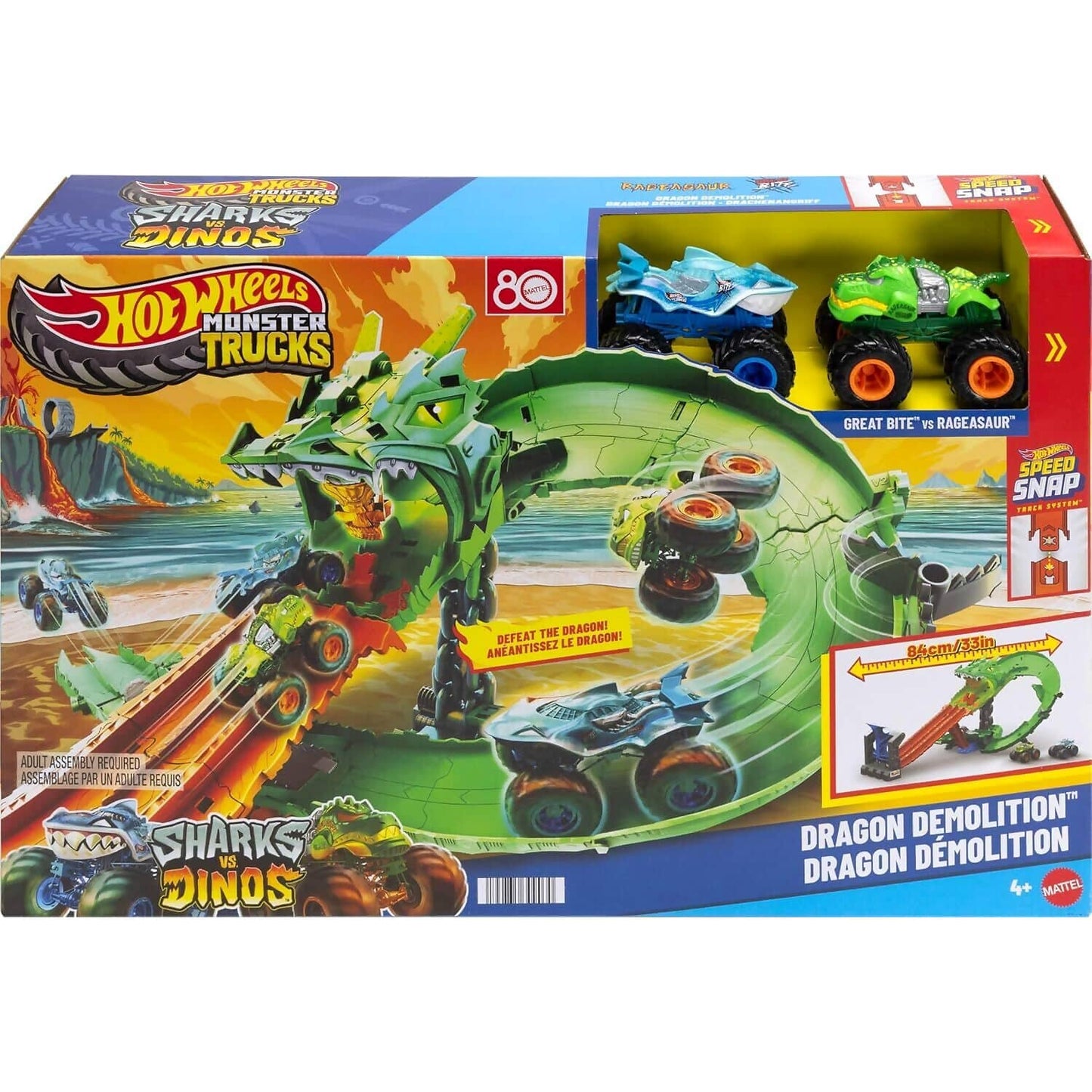 Hot Wheels - Sharks vs. Dinos Dragon Destruction Playset with Great Bite & Rageasaur - Mattel