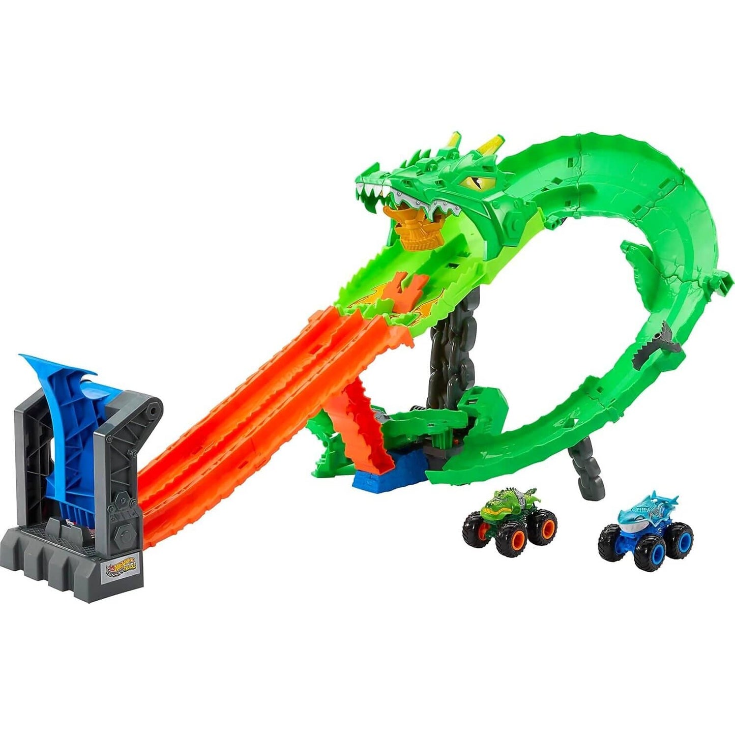 Hot Wheels - Sharks vs. Dinos Dragon Destruction Playset with Great Bite & Rageasaur - Mattel