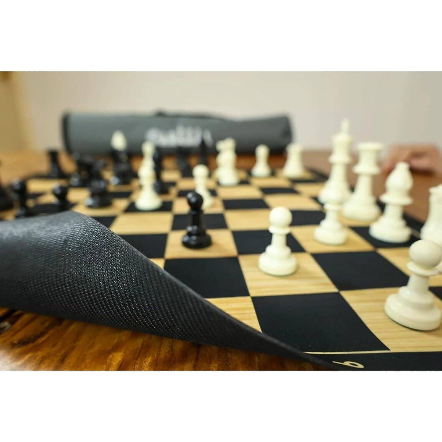 Lets Play Games - Classics Club Chess Set 20-inch - Portable Rubber Roll Up Black Woodgrain Look