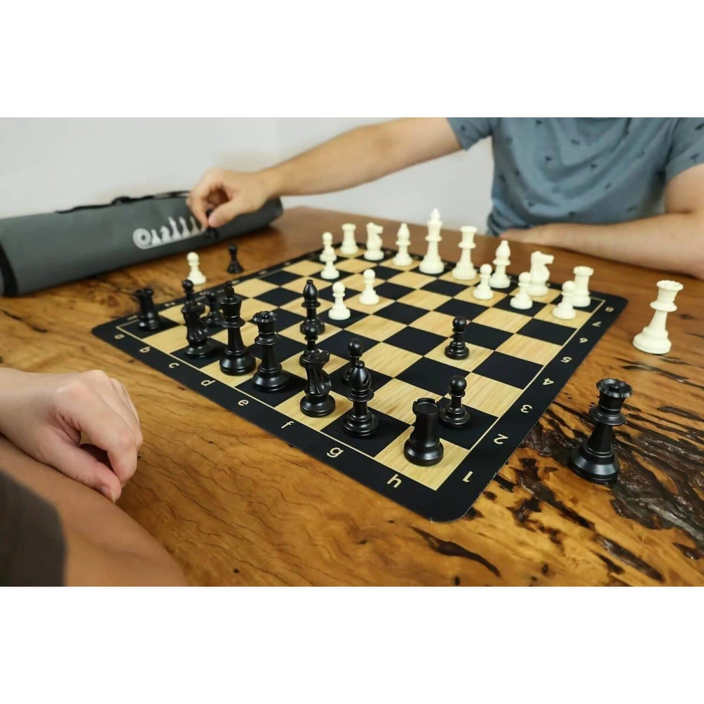 Lets Play Games - Classics Club Chess Set 20-inch - Portable Rubber Roll Up Black Woodgrain Look