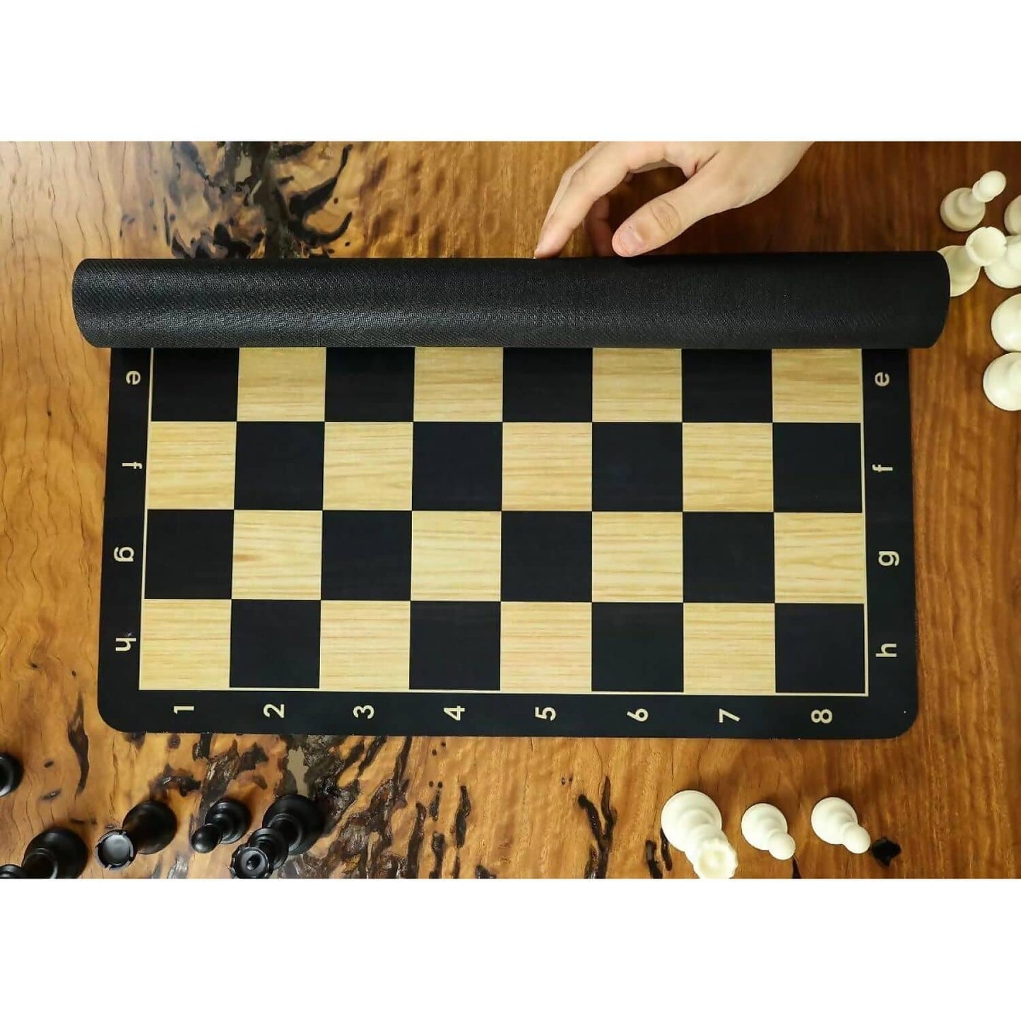 Lets Play Games - Classics Club Chess Set 20-inch - Portable Rubber Roll Up Black Woodgrain Look