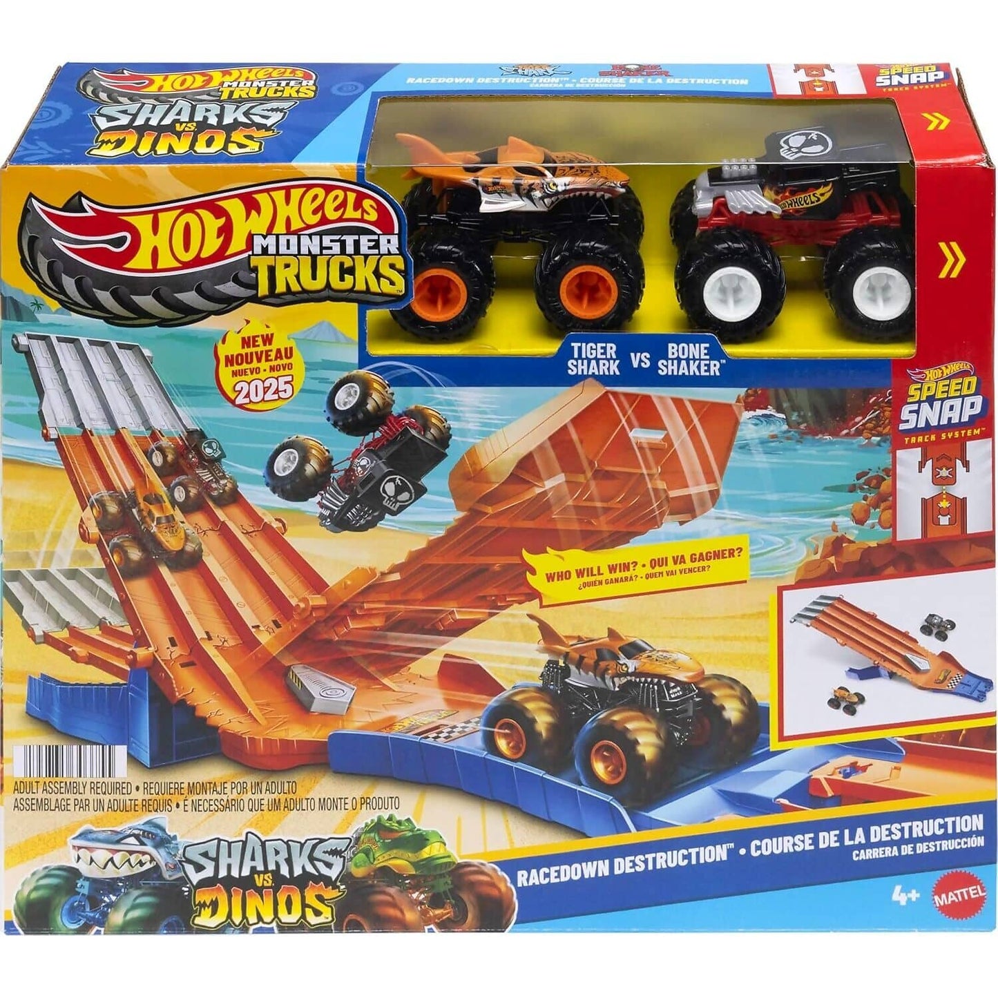 Hot Wheels - Monster Trucks Sharks Vs. Dinos Track Set with 1:64 Scale Mega-Wrex &amp; Tiger Shark - Mattel