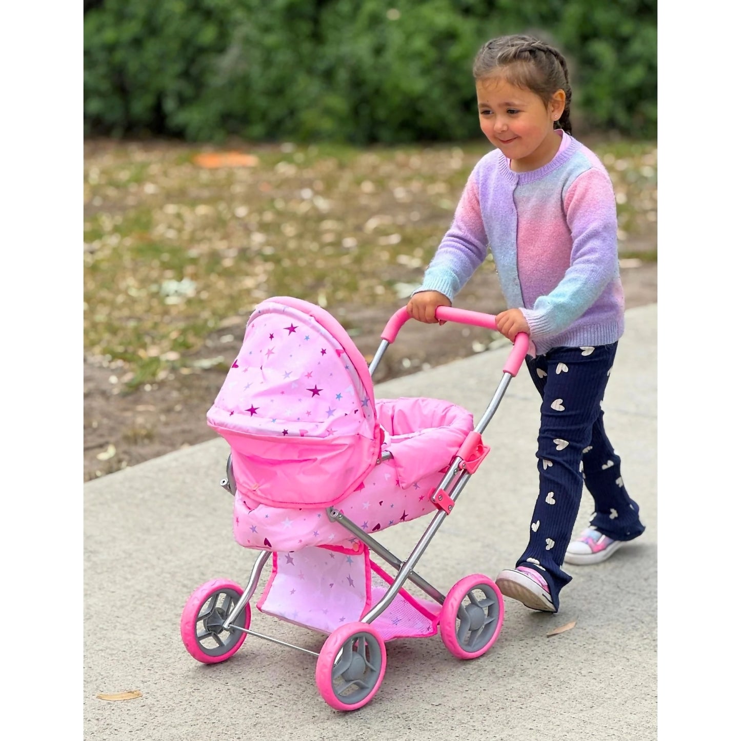 Playworld - Stars & Hearts Doll Pram Medium - Pink