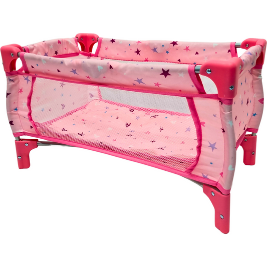 Playworld - Stars & Hearts Doll Travel Cot - Pink