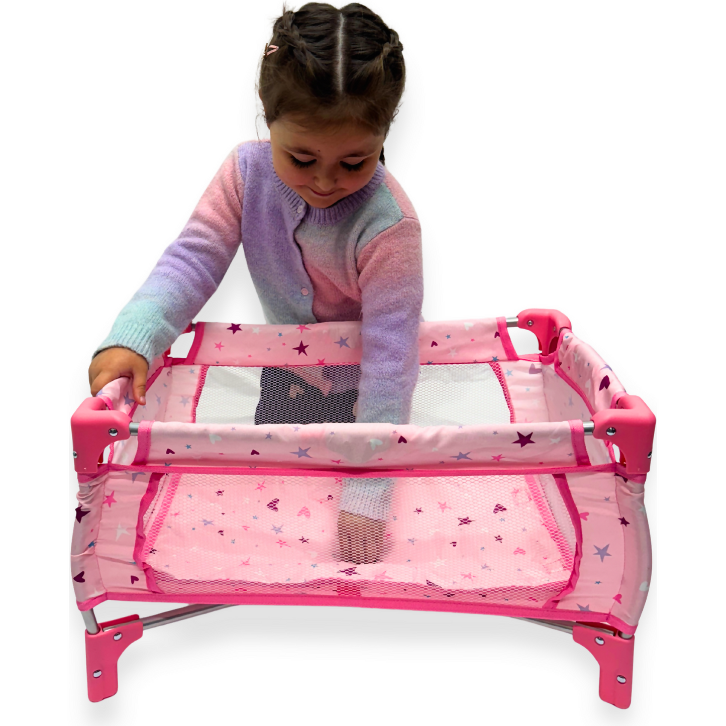 Playworld - Stars & Hearts Doll Travel Cot - Pink