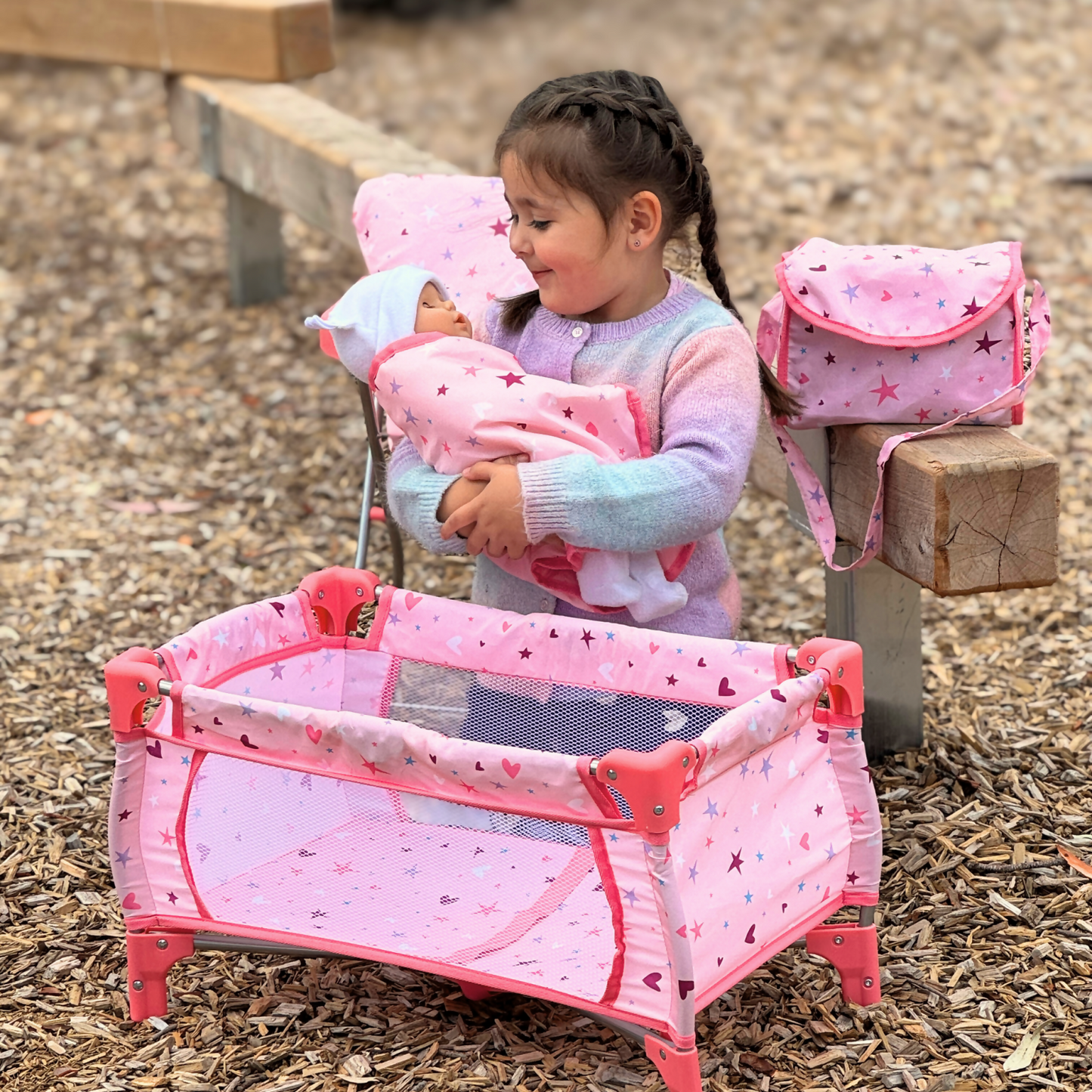Playworld - Stars & Hearts Doll Travel Cot - Pink