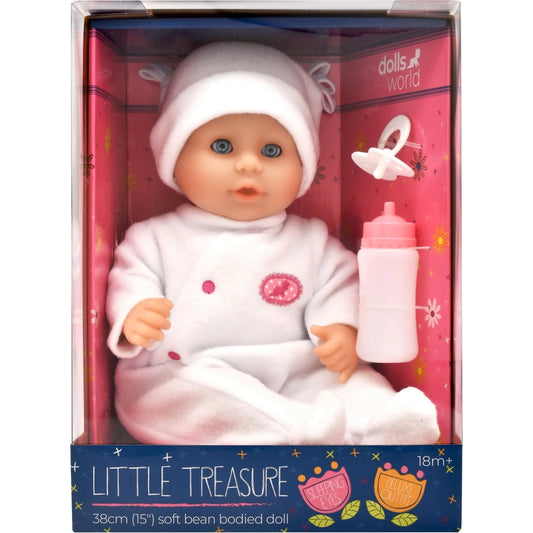 DollsWorld - Little Treasure Baby Doll & Accessories White Outfit - Soft Bean Bodied Doll 38cm