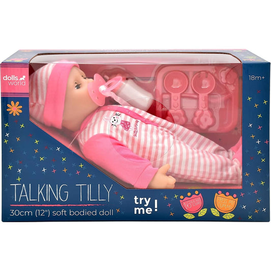 Dolls World - Talking Tilly Baby Doll & Accessories - Soft Bodied Doll 30cm