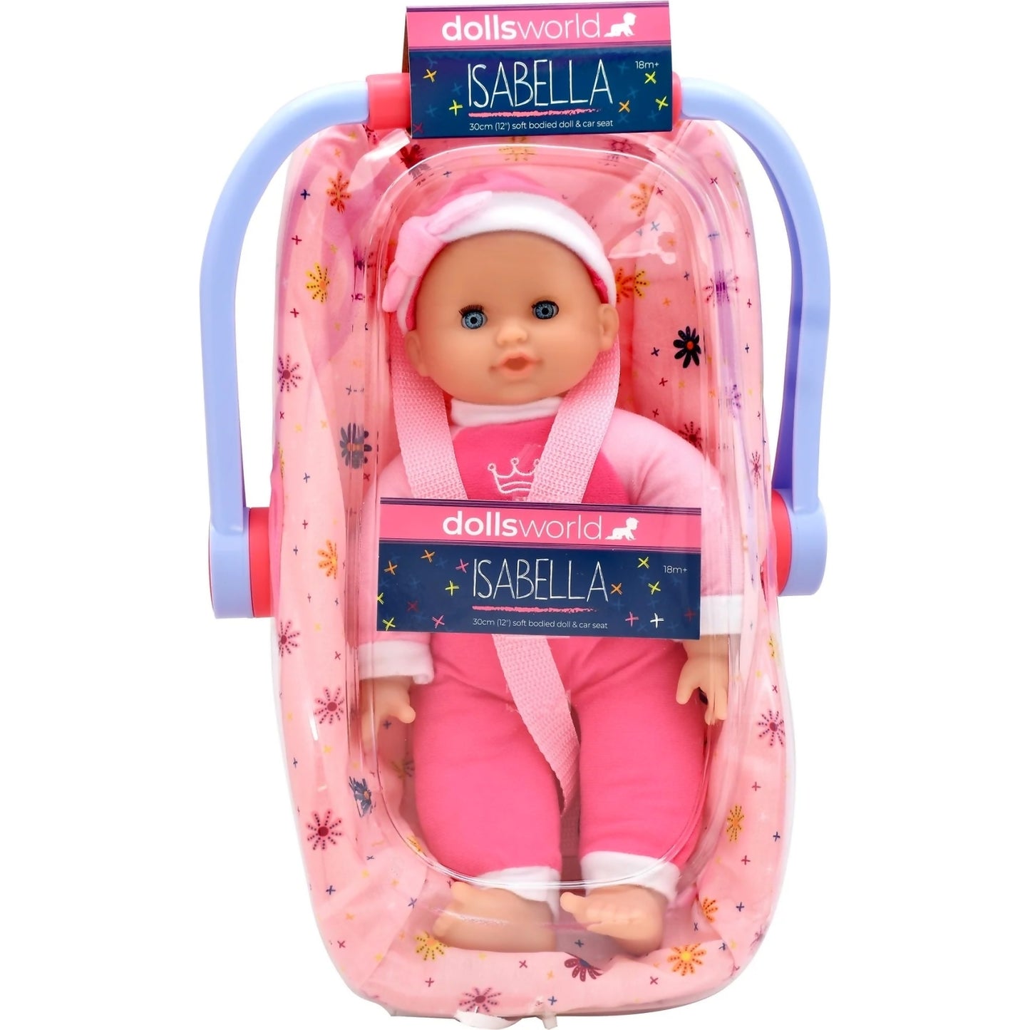 DollsWorld - Isabella Baby Doll & Car Seat - Soft Bodied Doll 30cm