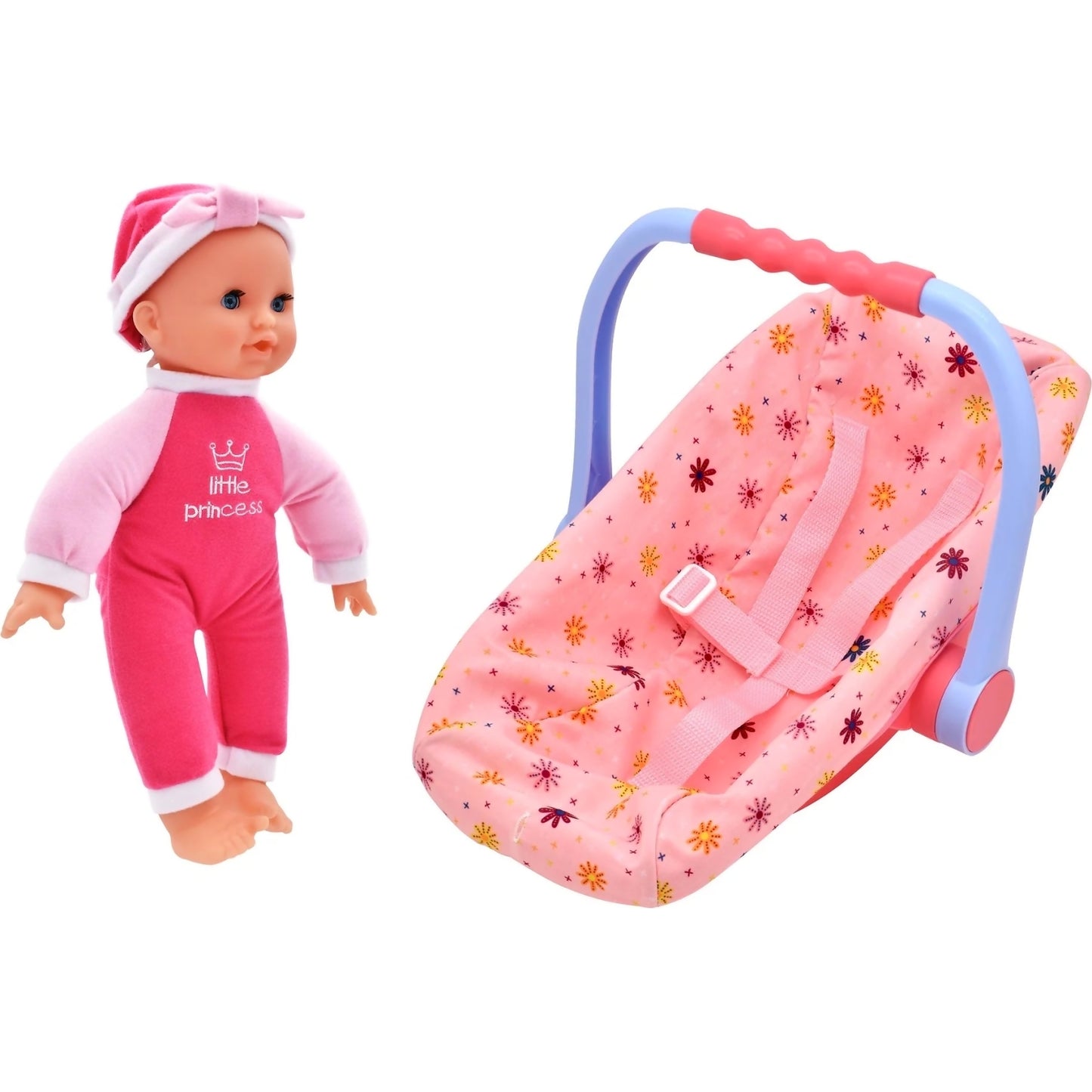 DollsWorld - Isabella Baby Doll & Car Seat - Soft Bodied Doll 30cm