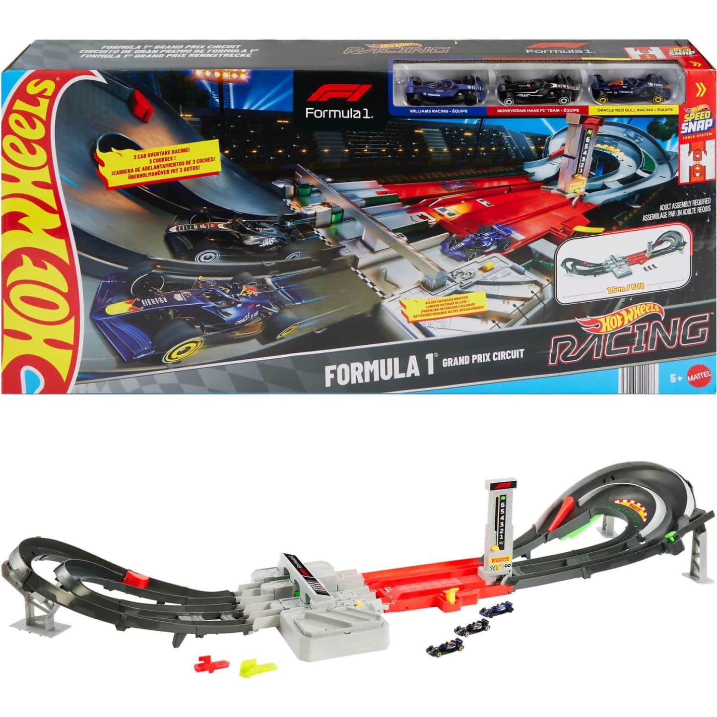 Hot Wheels - Race Formula 1 Grand Prix Circuit Track Set with 3 1:64 Scale Die-Cast Toy Cars - Mattel