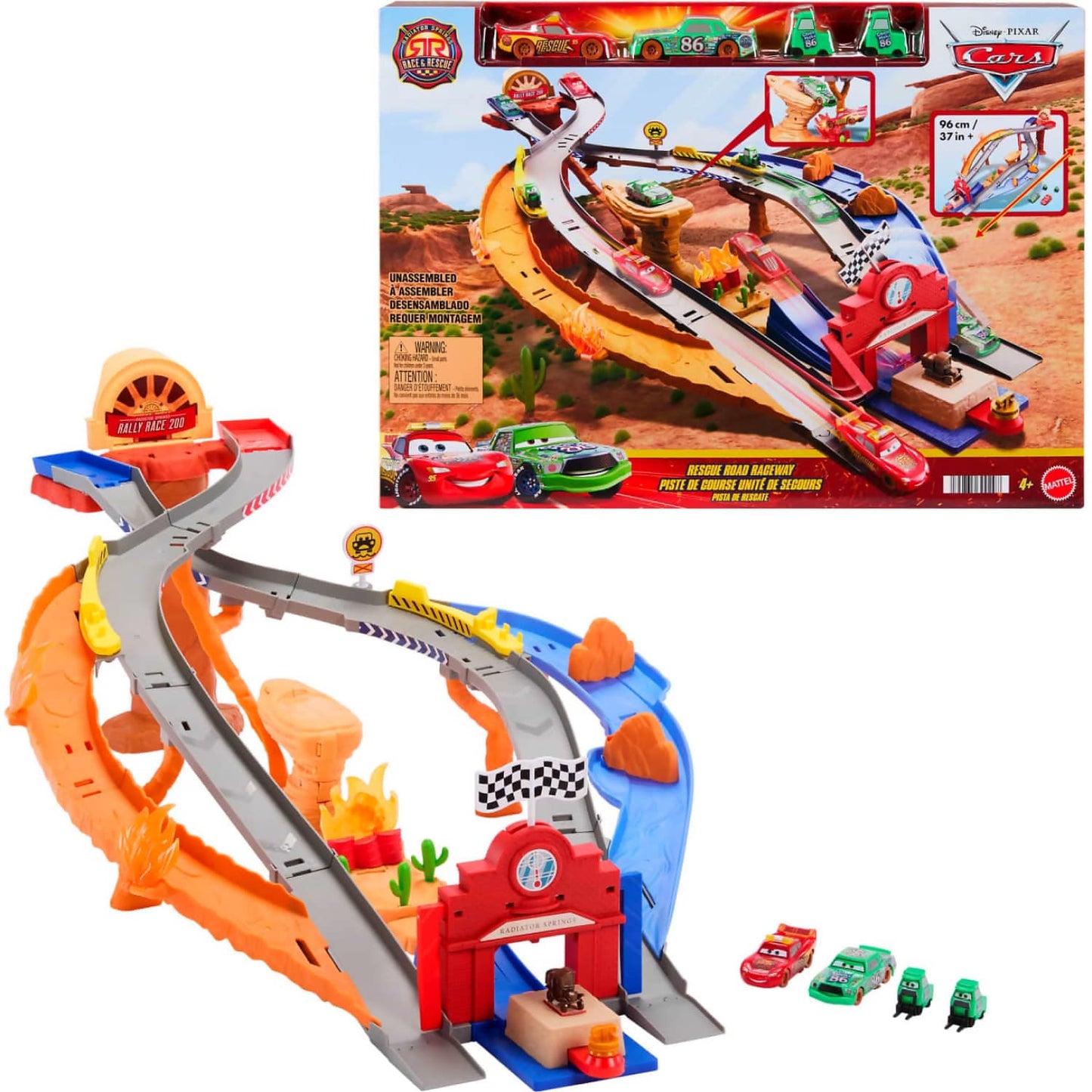 Disney Pixar - Cars Radiator Springs Race & Rescue Road Raceway Playset With 4 Toy Cars - Mattel