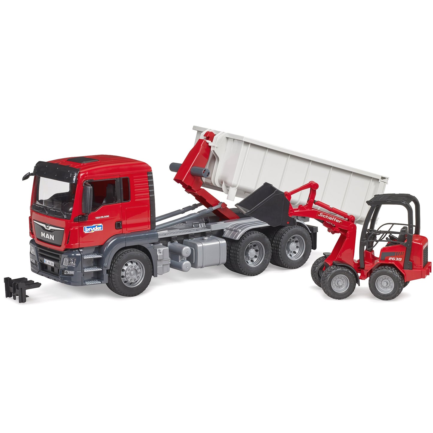 Bruder - MAN TGS Truck With roll-off Container and Schaffer Yard Loader Scale 1:16
