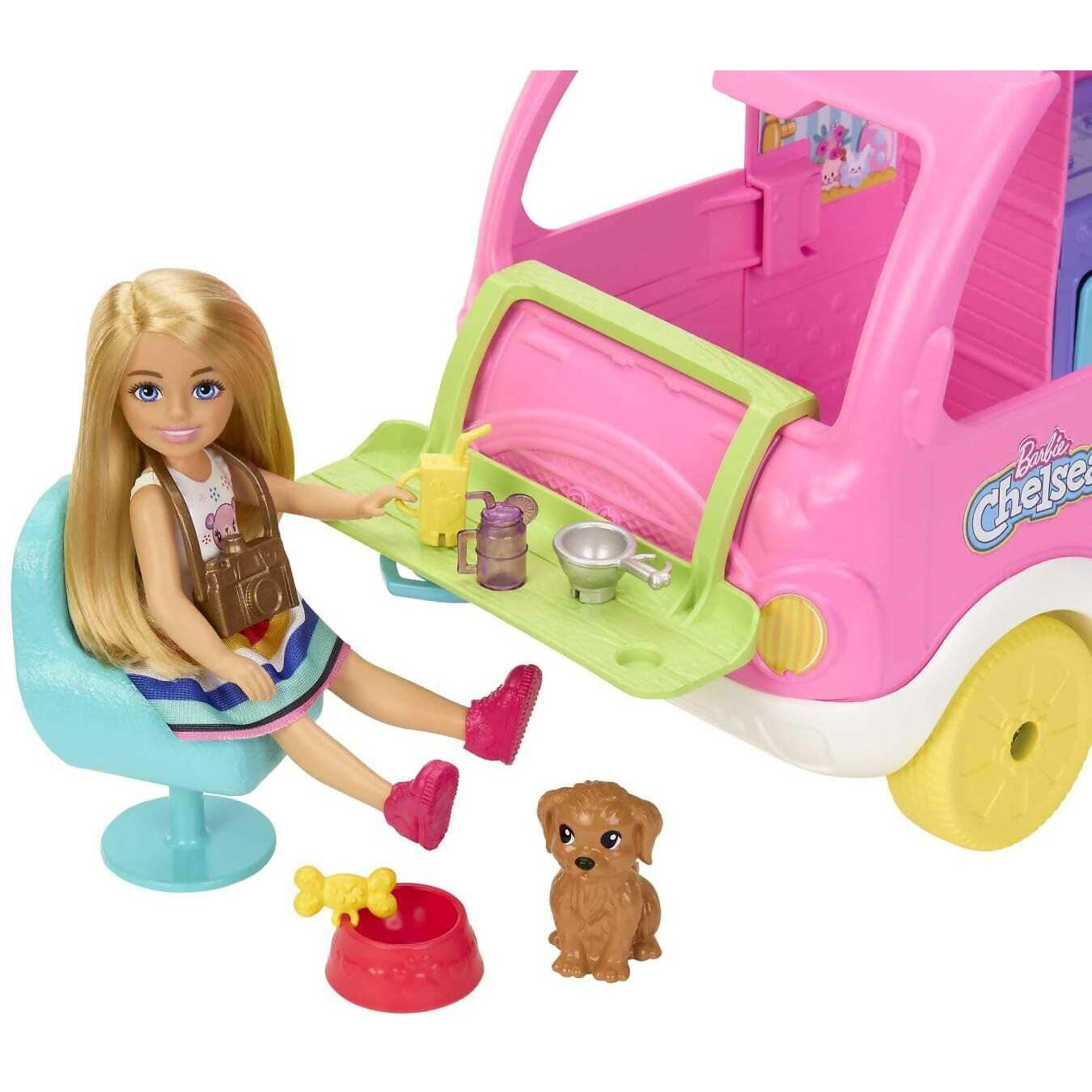 Barbie - Chelsea 2-in-1 Camper Playset With Chelsea Small Doll 2 Pets & 15 Accessories - Mattel