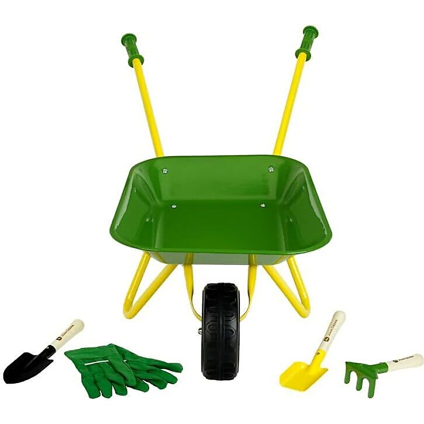 Klein - John Deere Kids Metal Wheelbarrow with Garden Tool Set