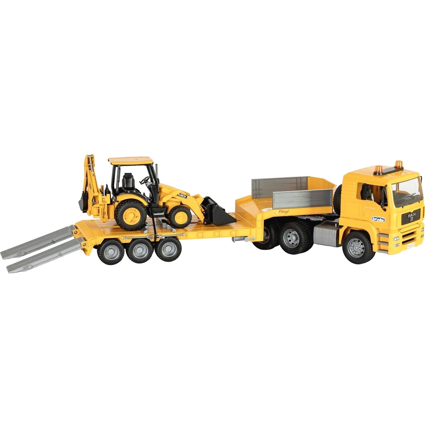 Bruder - MAN Commercial TGA Low Loader Truck with JCB Midi CX Backhoe Loader Scale 1:16