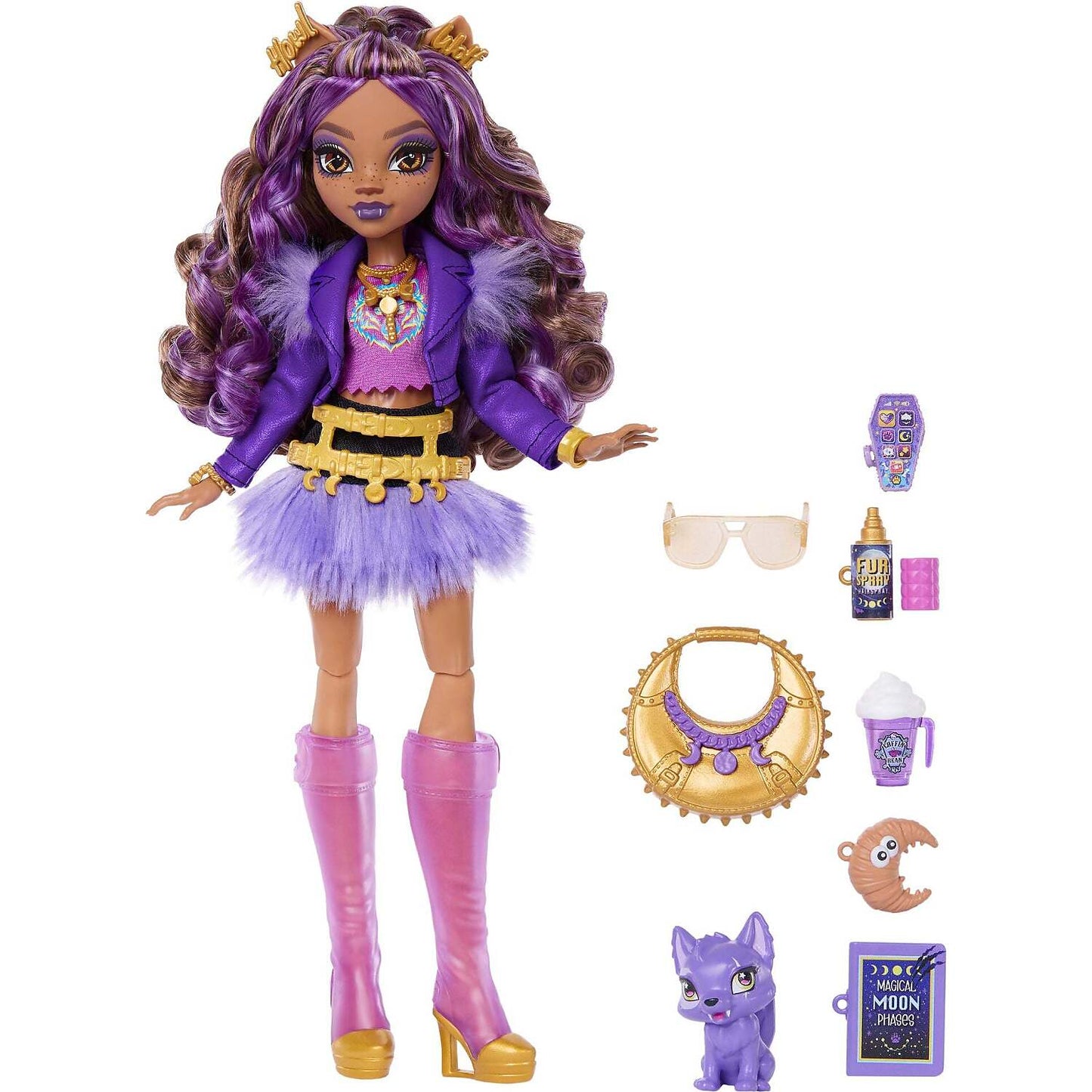 Monster High - Clawdeen Wolf Fashion Doll in Furry Skirt with Pet Crescent and 7 Accessories - Mattel