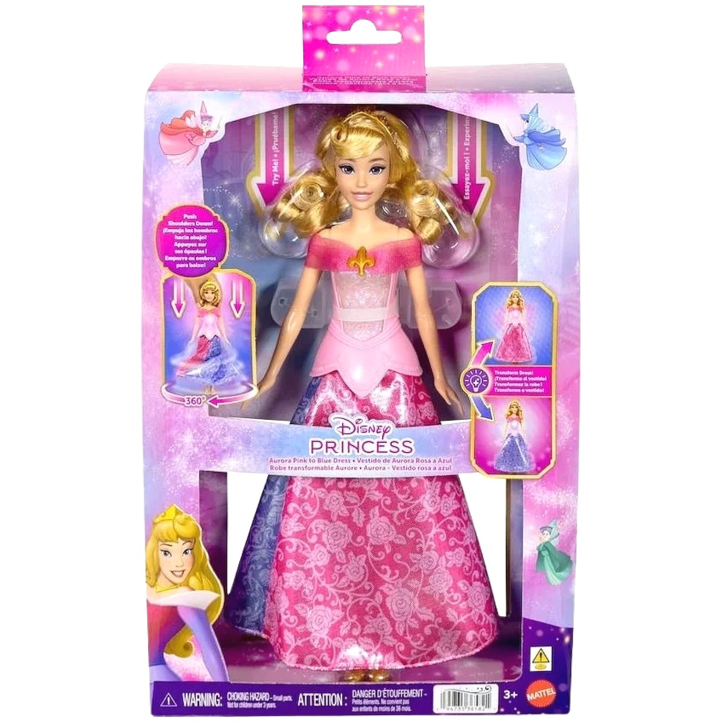 Disney - Princess Pink To Blue Dress Aurora Fashion Doll With Transforming Dress & Lights - Mattel