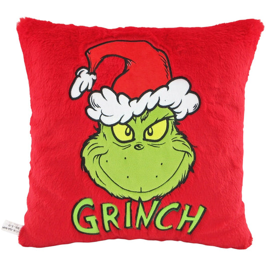 Cotton Candy - Xmas Dr. Seuss The Grinch Face with Hat Red Plush Cushion - Christmas